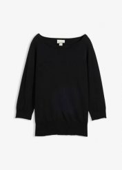 Sweter z domieszką jedwabiu. Niebieskie swetry damskie bonprix, bez wzorów, z bawełny, bez kołnierzyka, bez ramiączek, bez kaptura. Za 139.99 zł.