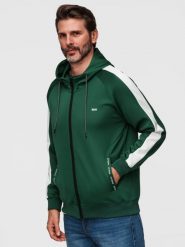 Rozpinana męska bluza z kapturem i lampasami - ciemnozielona V7 - Rozmiar: M. Zielone bluzy męskie Ombre Clothing, m, z aplikacjami, z dzianiny, z kapturem. Za 189.99 zł.