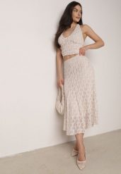 Beżowy Koronkowy Komplet Top Wiązany na Szyi i Spódnica Corinatea. Brązowe spódnice damskie Born2be, l, bez wzorów, z jeansu, dopasowane. Za 189.99 zł.