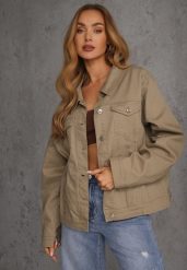 Ciemnobeżowa Jeansowa Kurtka z Bawełny Perilopei. Brązowe kurtki damskie Renee, l, bez wzorów, z bawełny, bez kaptura. Za 149.99 zł.