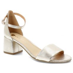 Złote Sandały Armodo Eleganckie Obuwie Damskie Na Obcasie. Żółte klapki damskie Armodo, bez wzorów, ze skóry, bez obcasa, na obcasie, bez zapięcia. Za 349.00 zł.