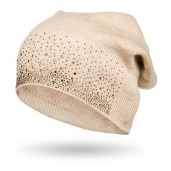 Czapka z kryształkami beżowa Peterson PTN HAT-01. Brązowe czapki i kapelusze damskie Peterson, na jesień, bez wzorów, z dzianiny. Za 50.00 zł.