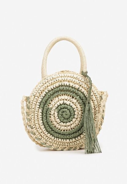 Beżowo-Zielona Okrągła Pleciona Torebka z Frędzlami Odiane. Brązowe torebki do ręki damskie Born2be, bez wzorów, z jeansu, eleganckie, bez dodatków. Za 69.99 zł.