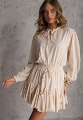 Beżowa Sukienka z Wiskozą o Rozkloszowanym Kroju z Falbankami i Wiązaniem Meriianes. Brązowe sukienki dla dziewczynek Renee, bez wzorów, z wiskozy, eleganckie, bez ramiączek. Za 129.99 zł.