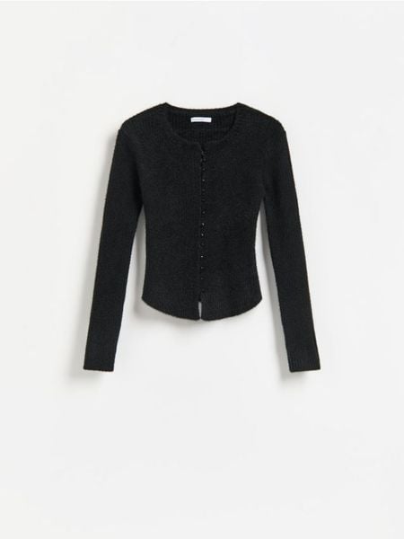 Prążkowany kardigan - czarny. Czarne kardigany damskie Reserved, l, bez wzorów, z dzianiny. Za 129.99 zł.