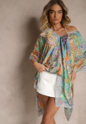 Zielone Wiskozowe Ponczo z Jedwabiem i Abstrakcyjnym Wzorem Sadellis. Zielone swetry damskie Renee, na lato, uniwersalny, bez wzorów, z jeansu, eleganckie, bez kołnierzyka, bez ramiączek, bez kaptura. Za 39.99 zł.