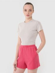 4F Spodenki casual z dzianiny waflowej damskie - różowe M. Czerwone szorty sportowe damskie 4f, l, bez wzorów, z bawełny, casualowe. W wyprzedaży za 49.99 zł.