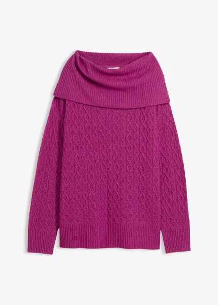 Sweter we wzór w warkocze. Fioletowe swetry damskie bonprix, xxl, bez wzorów, bez kołnierzyka, bez ramiączek, bez kaptura. Za 114.99 zł.