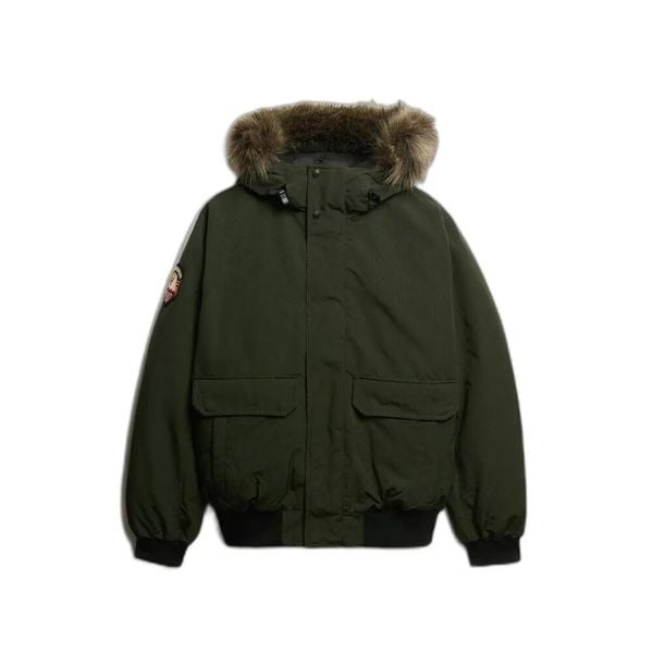 Kurtka puchowa Superdry Bomber à fourrure synthétique Everest. Zielone kurtki męskie Superdry., xl, z aplikacjami, z puchu, bez kaptura. Za 526.05 zł.