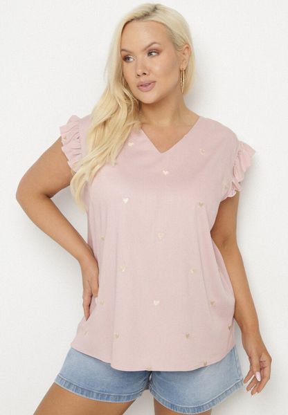 Różowa Bluzka z Wiskozą w Haftowane Serca Nelovira. Czerwone bluzki damskie Born2be, l, bez wzorów, z jeansu, klasyczne, bez kołnierzyka, bez ramiączek. Za 69.99 zł.