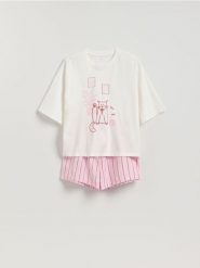 Dwuczęściowa piżama z kotem - różowy. Czerwone piżamy damskie Reserved, l, bez wzorów, z bawełny, bez ramiączek. Za 99.99 zł.