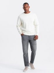 Męskie spodnie jeansowe TAPERED FIT z przeszyciami i podwiniętymi nogawkami – szare V2 OM-PADP-0161 - XXL. Szare spodnie materiałowe męskie Ombre Clothing, l, z aplikacjami, z bawełny, eleganckie. Za 107.99 zł.