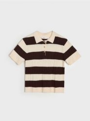 Wiskozowa bluzka polo w paski - wielobarwny. Bluzki damskie Sinsay, l, bez wzorów, z wiskozy, bez kołnierzyka, bez ramiączek. Za 39.99 zł.