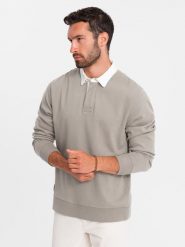 Bluza męska z białym kołnierzykiem polo - ciemnobeżowa V2 - Rozmiar: M. Brązowe bluzy męskie Ombre Clothing, m, bez wzorów, z bawełny, bez kaptura. W wyprzedaży za 59.99 zł.
