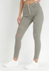 Ciemnobeżowe Jeansy Skinny na Guziki Arru. Zielone jeansy damskie Born2be, z podwyższonym stanem. Za 69.99 zł.