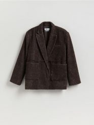 Marynarka z wełną - ciemnobrązowy. Brązowe żakiety damskie Reserved, l, bez wzorów, z tkaniny. Za 359.99 zł.
