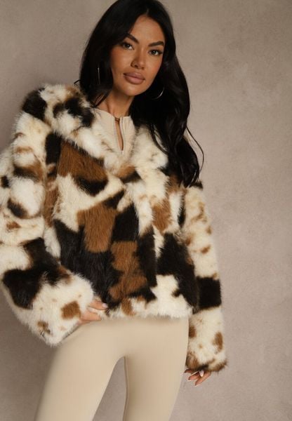 Brązowo-Beżowa Dwurzędowa Kurtka Futerko Oversize Nenalla. Brązowe kurtki damskie Renee, l, bez wzorów, z futra. Za 229.99 zł.