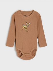 Prążkowane body z haftem Bambi - brązowy. Brązowe body niemowlęce Sinsay, bez wzorów, prążkowane, bez ramiączek. Za 15.99 zł.