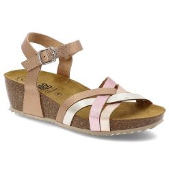 Sandały damskie HEE, skórzane na korkowym koturnie skórzane ze sprzączką, kolorowe, 25001. Białe sandały damskie Hee, z aplikacjami, z materiału, bez obcasa, na koturnie, bez zapięcia. Za 189.00 zł.