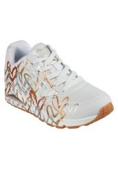 Buty do chodzenia sneakersy damskie Skechers Uno-Metallic Love. Białe obuwie sportowe damskie Skechers, bez wzorów, z materiału, trekkingowe. Za 349.99 zł.