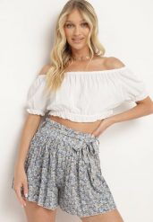 Niebieskie Szerokie Szorty Plisowane z Wysokim Stanem z Gumką w Pasie i Materiałowym Paskiem Cersefia. Niebieskie szorty damskie Born2be, l, bez wzorów, z materiału, eleganckie, z podwyższonym stanem. Za 29.99 zł.