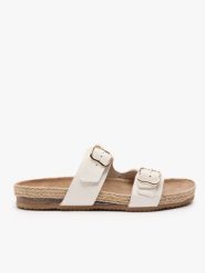 Kremowe klapki z dwoma paskami. Brązowe klapki damskie Ryłko, bez wzorów, ze skóry, eleganckie, bez obcasa, na płaskiej podeszwie. Za 379.99 zł.