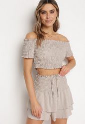 Beżowy Komplet Top w Stylu Hiszpanki i Spódnico-Szorty z Gumką Quillatta. Brązowe szorty damskie Born2be, l, z aplikacjami. Za 44.99 zł.