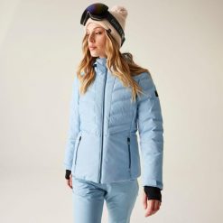 Kurtka narciarska damska z membraną Gliding wodoodporna Dare 2b. Niebieskie kurtki snowboardowe damskie Dare 2b, bez wzorów, z tkaniny, bez kaptura, narciarskie. Za 583.60 zł.