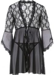 Szlafrok kimono + stringi (kompl. 2-częściowy). Czarne stringi damskie bonprix, bez wzorów. Za 127.99 zł.