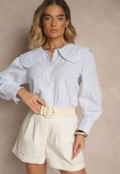 Jasnoniebieska Koszula z Bawełną Ozdobiona Kołnierzykiem Natulissa. Niebieskie bluzki damskie Renee, l, bez wzorów, z bawełny, eleganckie, bez kołnierzyka, bez ramiączek. Za 84.99 zł.
