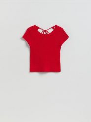 Dzianinowa bluzka - czerwony. Czerwone bluzki damskie Reserved, l, bez wzorów, z bawełny, klasyczne, bez kołnierzyka, bez ramiączek. Za 89.99 zł.