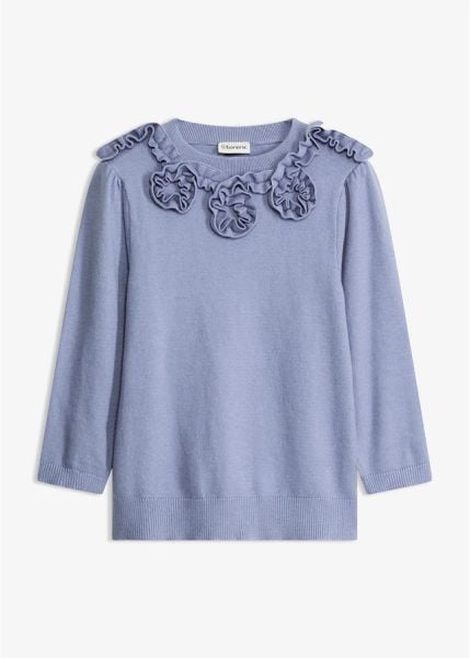 Sweter z rękawami balonowymi. Niebieskie swetry damskie bonprix, z aplikacjami, bez kołnierzyka, bez ramiączek, bez kaptura. Za 117.99 zł.