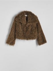 Kurtka z kołnierzem z imitacji piór - zielony. Zielone kurtki damskie Reserved, l, bez wzorów, bez kaptura. W wyprzedaży za 259.99 zł.