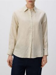 Lniana koszula - kremowy. Białe koszule damskie Reserved, l, bez wzorów, z tkaniny, bez kołnierzyka, bez ramiączek. Za 179.99 zł.