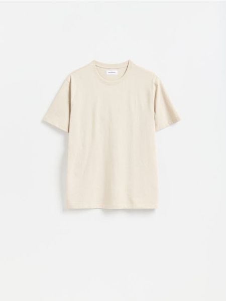 T-shirt regular z bawełny - beżowy. Brązowe t-shirty męskie Reserved, l, bez wzorów, z bawełny, bez kołnierzyka. Za 49.99 zł.