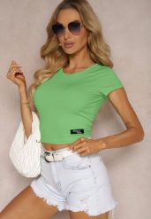 Zielony Prążkowany T-shirt Koszulka z Krótkim Rękawem Opolia. Zielone bluzki damskie Renee, m, bez wzorów, z dzianiny, bez kołnierzyka. Za 39.99 zł.