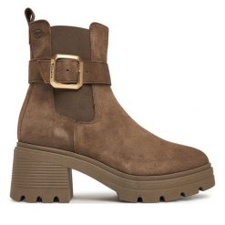 Sztyblety Tamaris. Brązowe botki damskie Tamaris, bez obcasa, na słupku, bez zapięcia. Za 409.99 zł.