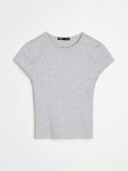 Bawełniana prążkowana koszulka z krótkim rękawem - szary. Szare t-shirty damskie Sinsay, l, bez wzorów, z bawełny, bez kołnierzyka. Za 19.99 zł.