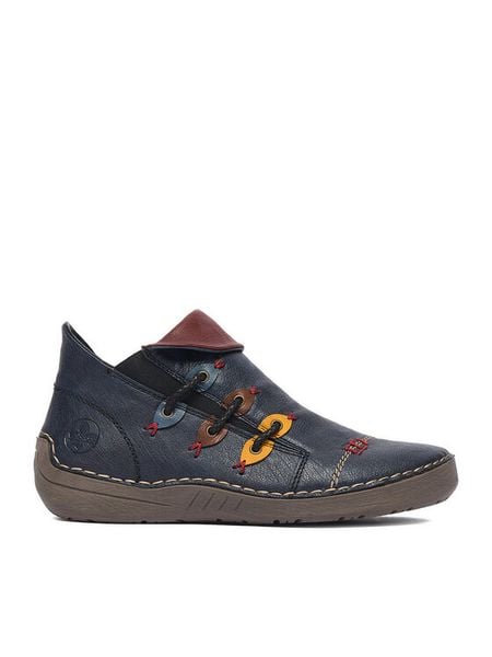 Rieker Botki CEO-72581-14 Granatowy. Niebieskie botki damskie Rieker, bez obcasa, na płaskiej podeszwie, bez zapięcia. Za 349.99 zł.