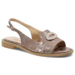 Sandały damskie S.Barski, cholewka ze skóry ekologicznej na płaskiej podeszwie z elegancką broszką, szare, KV61-6040. Szare klapki damskie S.BARSKI, bez wzorów, ze skóry ekologicznej, eleganckie, bez obcasa, na płaskiej podeszwie. Za 129.00 zł.