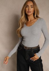 Szary Sweter o Taliowanym Kroju z Nieregularnym Dekoltem w V Fenalissa. Szare swetry damskie Renee, na zimę, l, bez wzorów, casualowe, bez kołnierzyka, bez ramiączek, krótkie, bez kaptura. Za 59.99 zł.