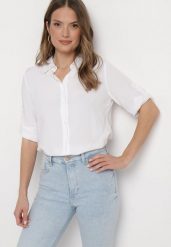 Biała Klasyczna Koszula z Bawełny i Wiskozy Yelvira. Białe bluzki damskie Born2be, l, bez wzorów, z bawełny, klasyczne, bez kołnierzyka, bez ramiączek. Za 24.99 zł.