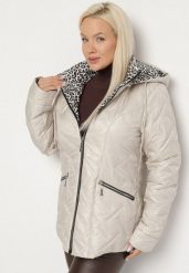 Ciemnoszara Pikowana Kurtka z Kapturem i Podszewką w Panterkę Felandre. Szare kurtki damskie Born2be, plus size, bez wzorów, z jeansu, z kapturem. Za 149.99 zł.