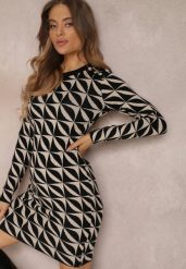 Czarno-Beżowa Sukienka Dzianinowa w Geometryczny Wzór Chlaria. Czarne sukienki damskie Renee, m, bez wzorów, z dzianiny, eleganckie, bez kołnierzyka, bez ramiączek, mini, dopasowane. Za 99.99 zł.