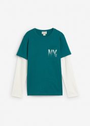 Shirt 2 w 1, długi rękaw, z czystej bawełny. Niebieskie koszule dla chłopców bonprix, bez wzorów, z bawełny, bez kołnierzyka, bez ramiączek. Za 39.99 zł.