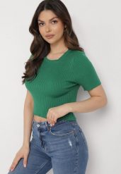 Zielony Krótki T-shirt z Prążkowanej Dzianiny Clutia. Zielone bluzki damskie Born2be, l, bez wzorów, z dzianiny, bez kołnierzyka, bez ramiączek. Za 59.99 zł.