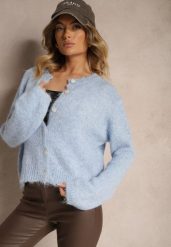 Niebieski Klasyczny Kardigan o Prostym Kroju Riavara. Niebieskie kardigany damskie Renee, bez wzorów, z jeansu, eleganckie, bez kołnierzyka, bez ramiączek, bez kaptura. Za 159.99 zł.