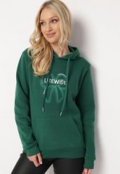 Zielona Polarowa Bluza z Kapturem i Ściągaczami Ozdobiona Nadrukiem Mleza. Zielone bluzy damskie Born2be, m, bez wzorów, z polaru, z kapturem. Za 84.99 zł.