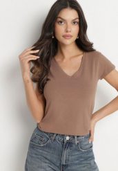 Brązowy T-shirt z Bawełny z Dekoltem w Serek Liniviela. Brązowe bluzki damskie Born2be, xs, bez wzorów, z bawełny, bez kołnierzyka. Za 29.99 zł.