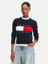 Tommy Jeans Sweter Flag DW0DW22930 Granatowy Regular Fit. Niebieskie swetry damskie Tommy Jeans, m, bez wzorów, z bawełny, bez kołnierzyka, bez ramiączek, bez kaptura. Za 409.99 zł.